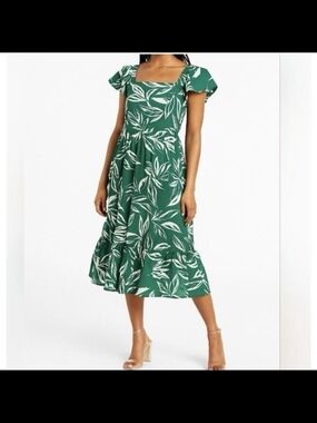 Meadow Rhodes Cotton Tropical Green Leaf-Print Square Neck Midi Dress